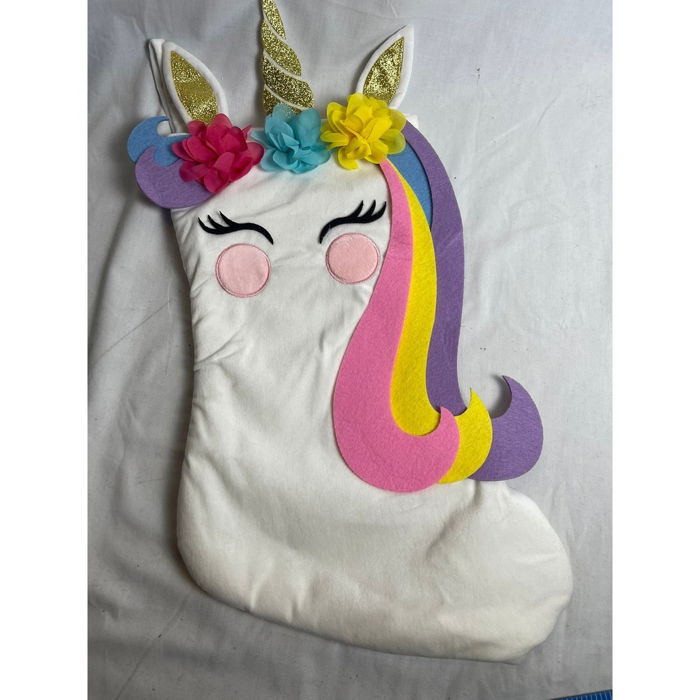 White Plush Unicorn Christmas Stocking Glitter Gold‎ Horn 3D Flowers 21 Inch